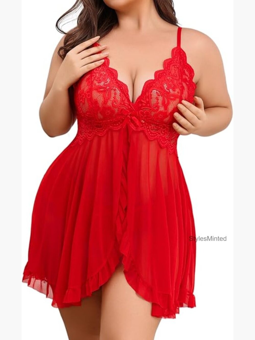 Plus Size Lace Babydoll V-Neck Open Front Nightdress Chemise